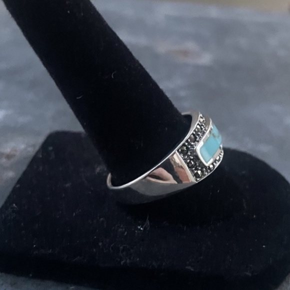 Sterling Silver Ring Band w/ Turquoise and Marcasite Size 8.5-9 - Picture 3 of 6